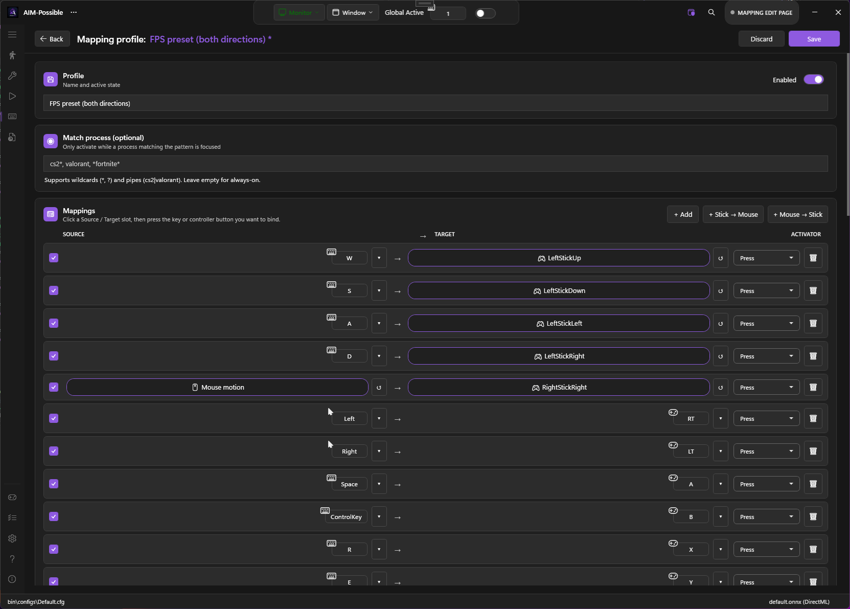 Profile editor with mappings table