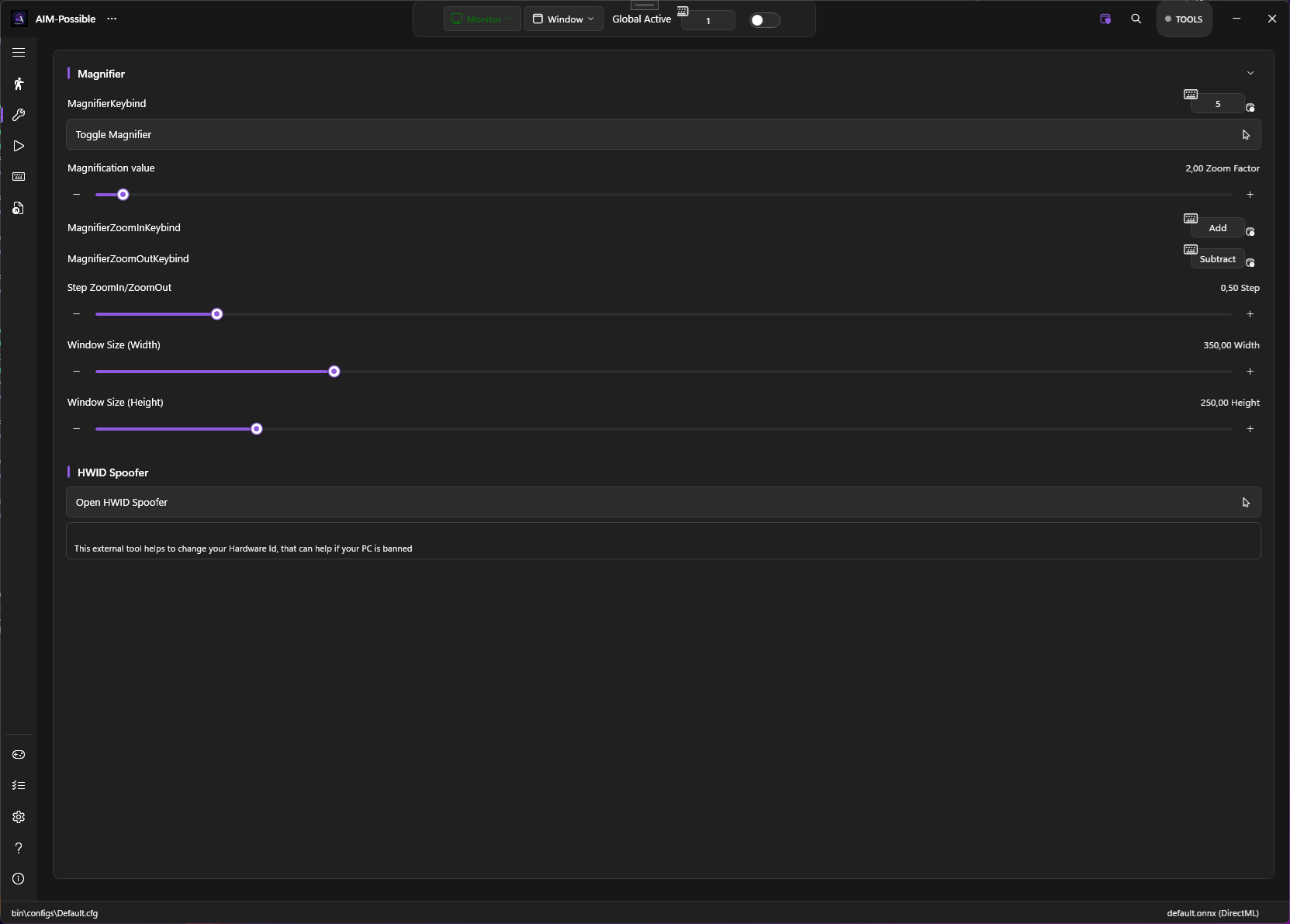 Tools page with Magnifier and HWID Spoofer