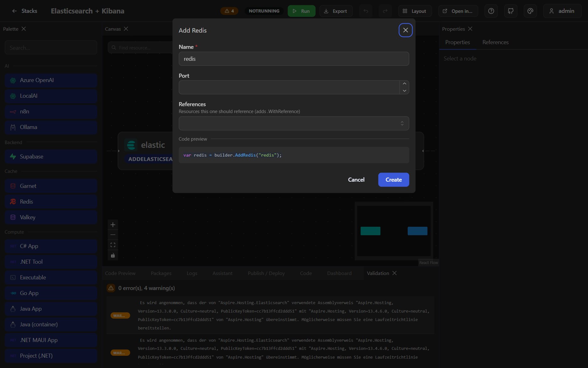 The add-resource dialog, generated from the installed Aspire integrations