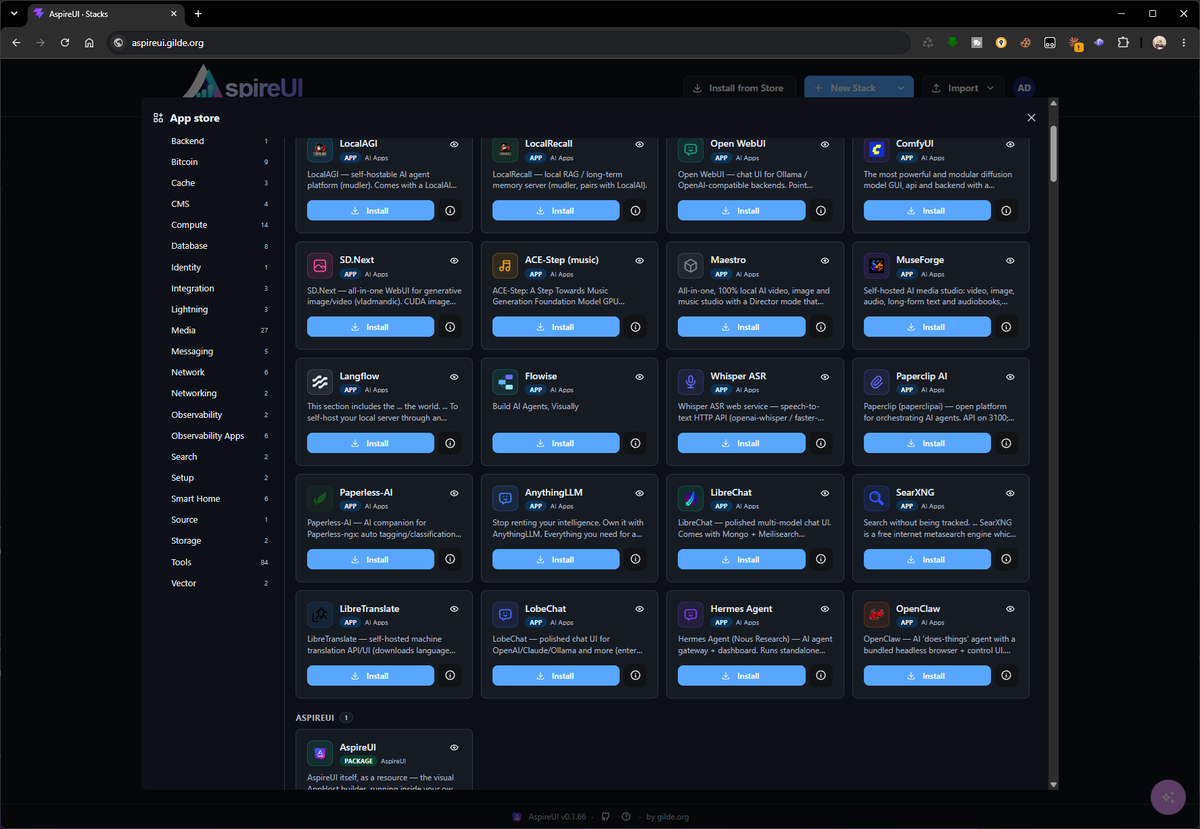 The AspireUI app store, apps grouped by category