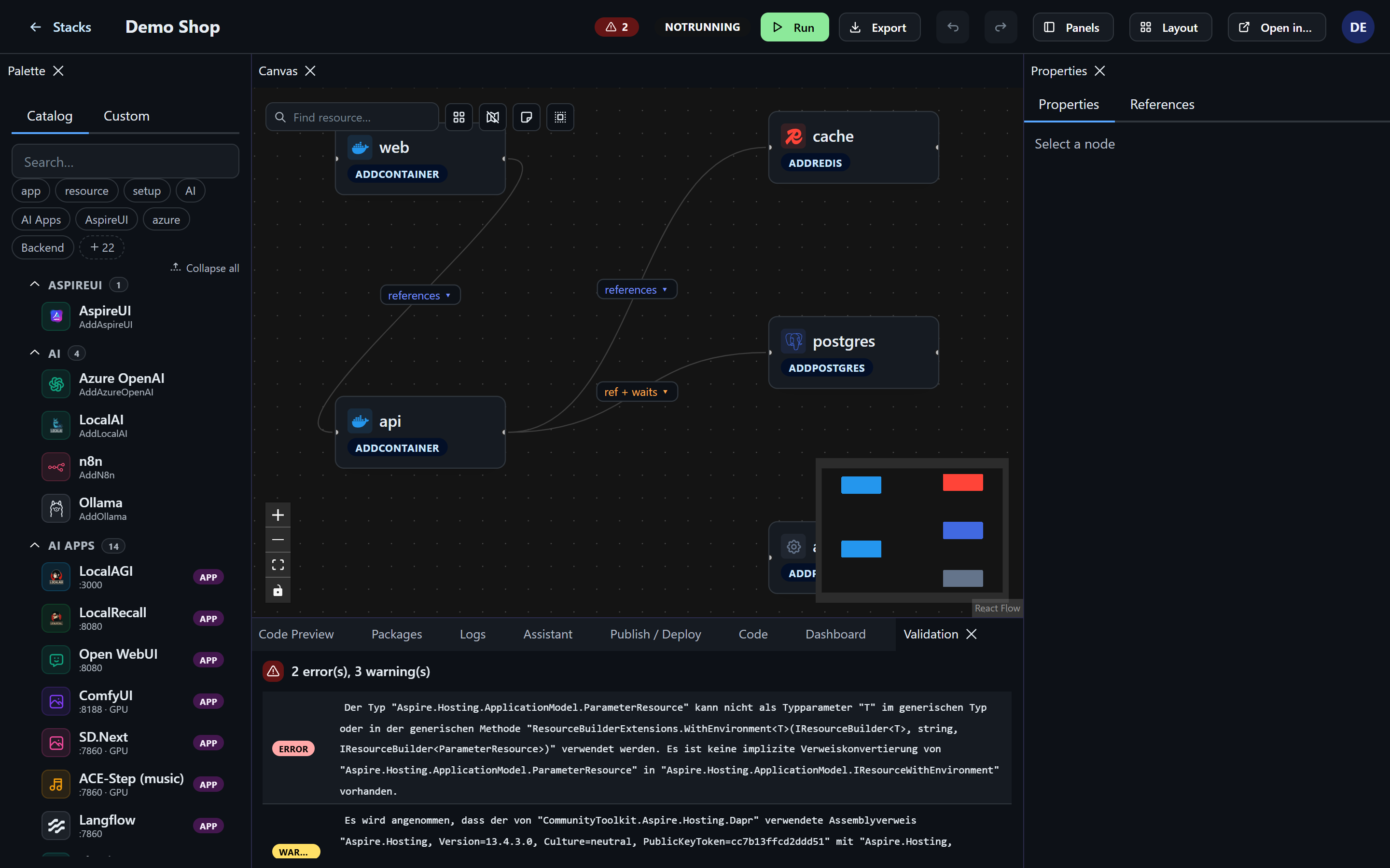 The AspireUI editor: canvas, property grid and generated C#
