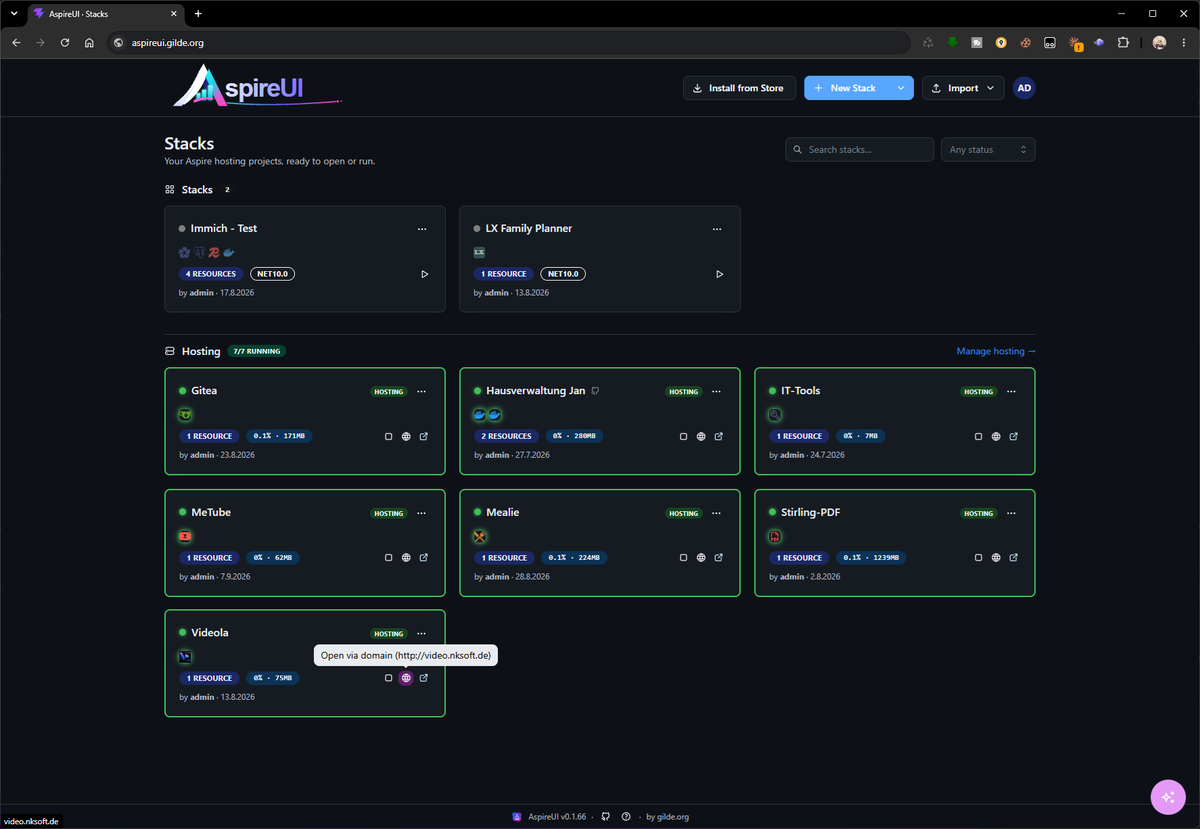 A live AspireUI instance with two stacks and seven hosted apps