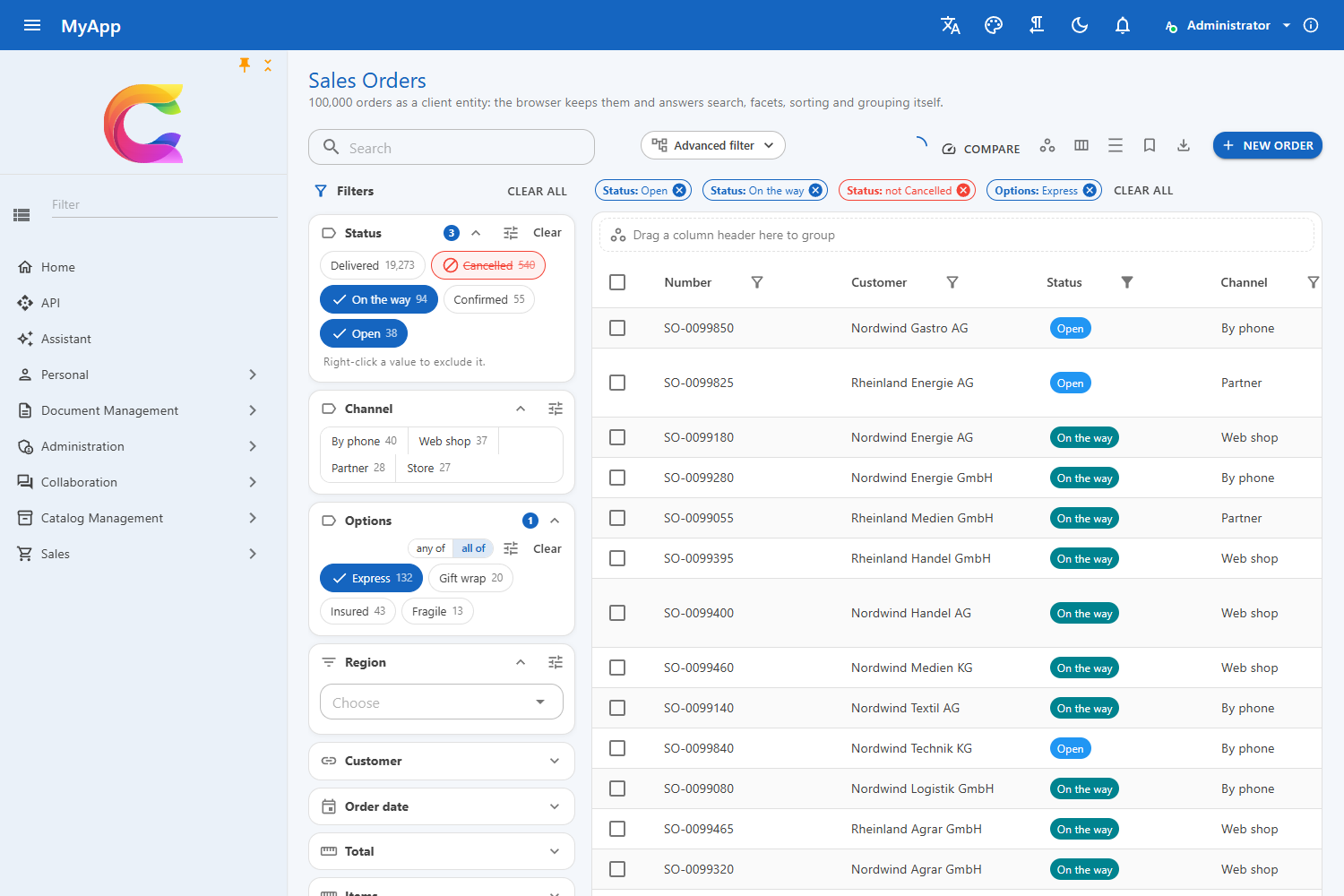 Sales orders with the facet panel