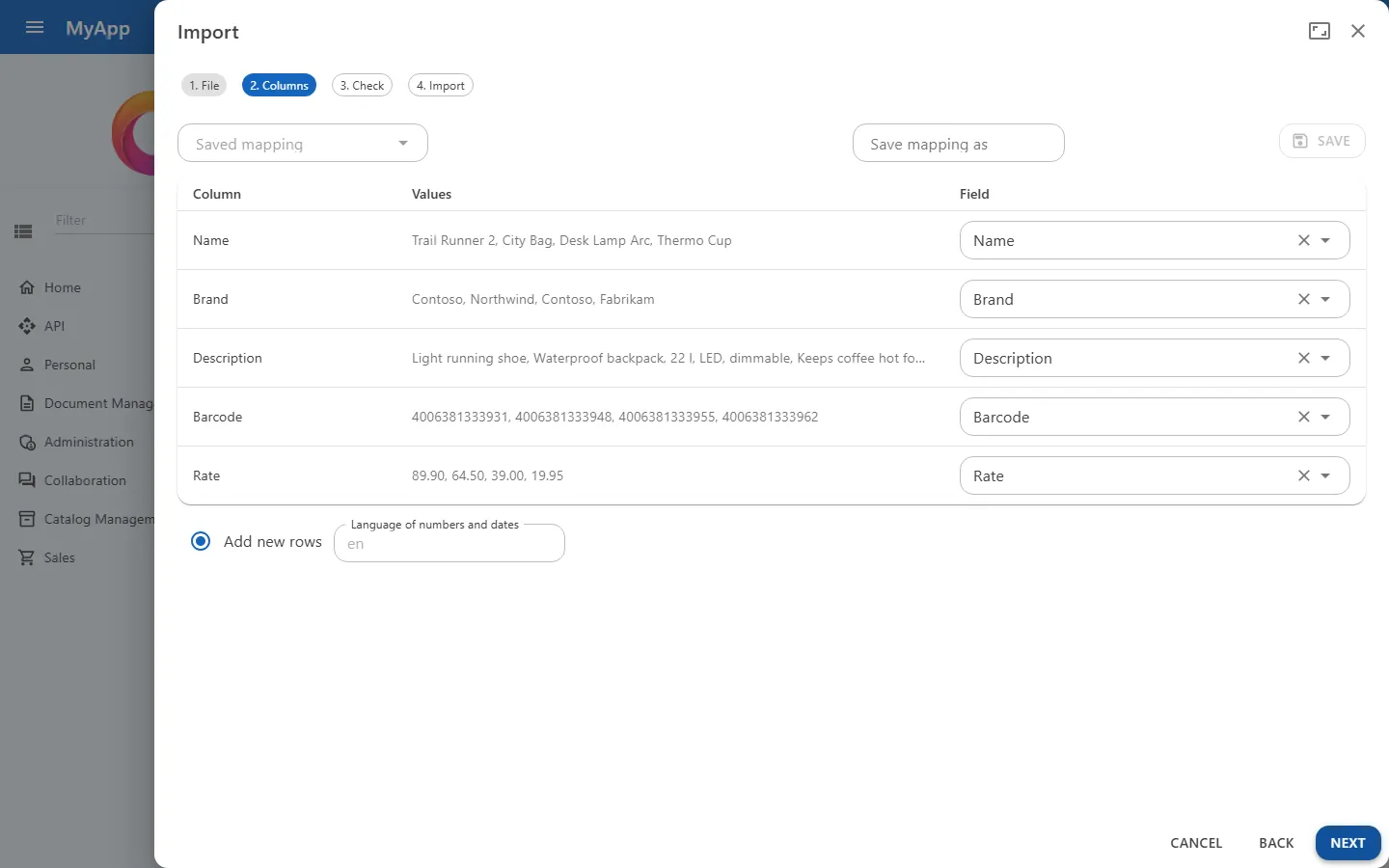 Import wizard: columns matched to fields