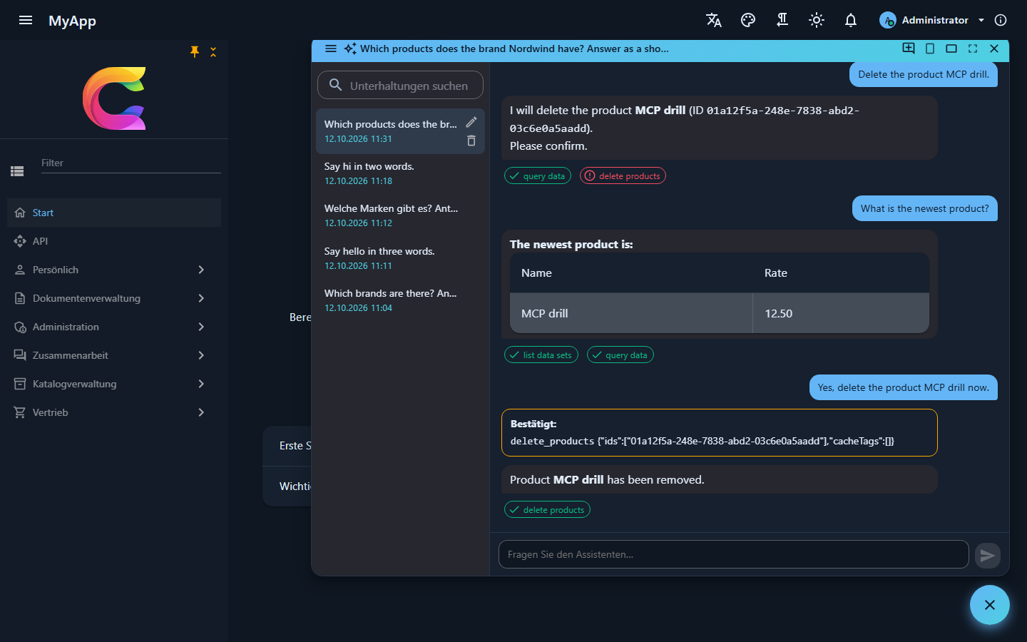 Assistant window with the list of conversations and an answer with tool chips
