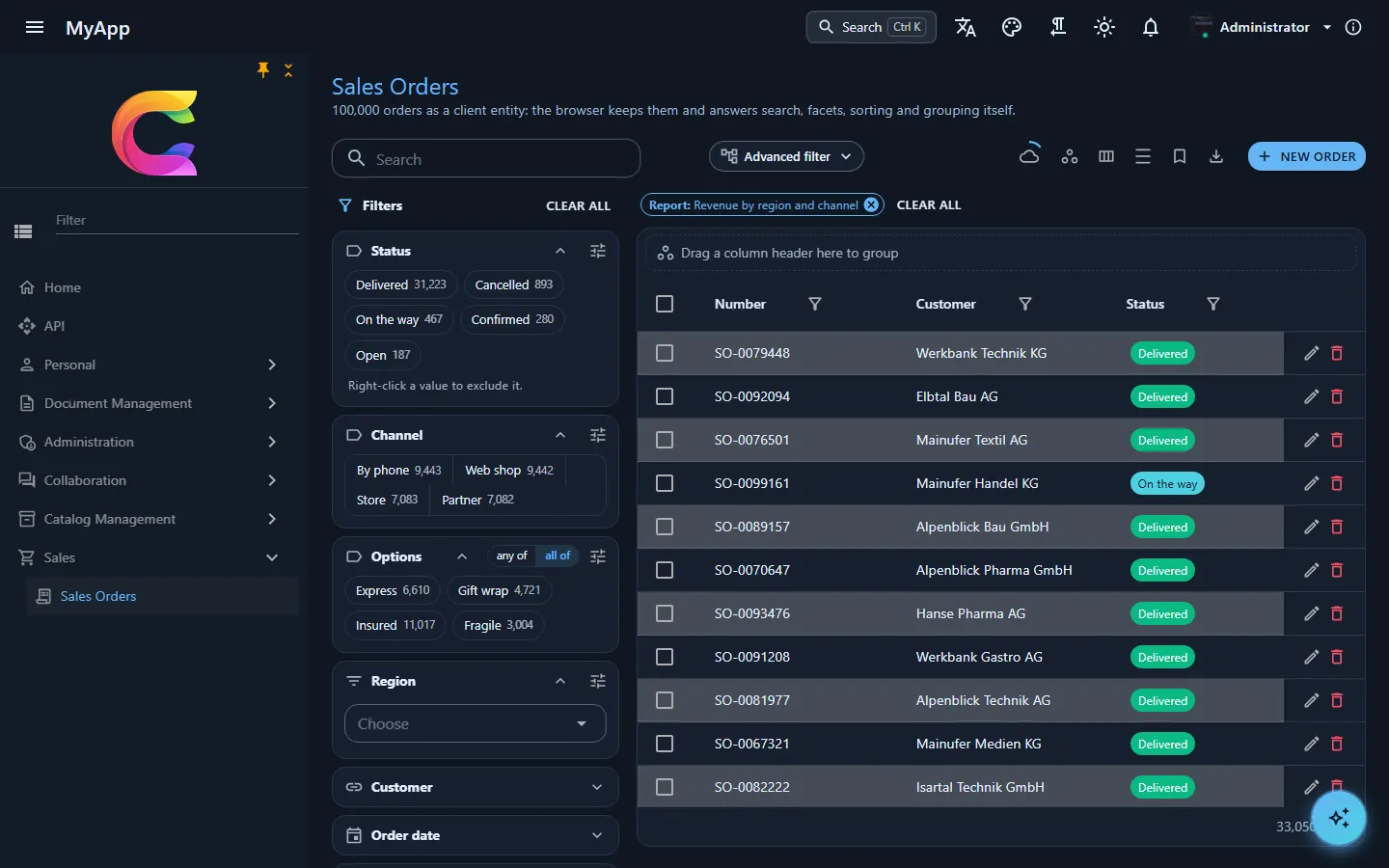 The sales orders page opened from the widget, with a Report chip above the table