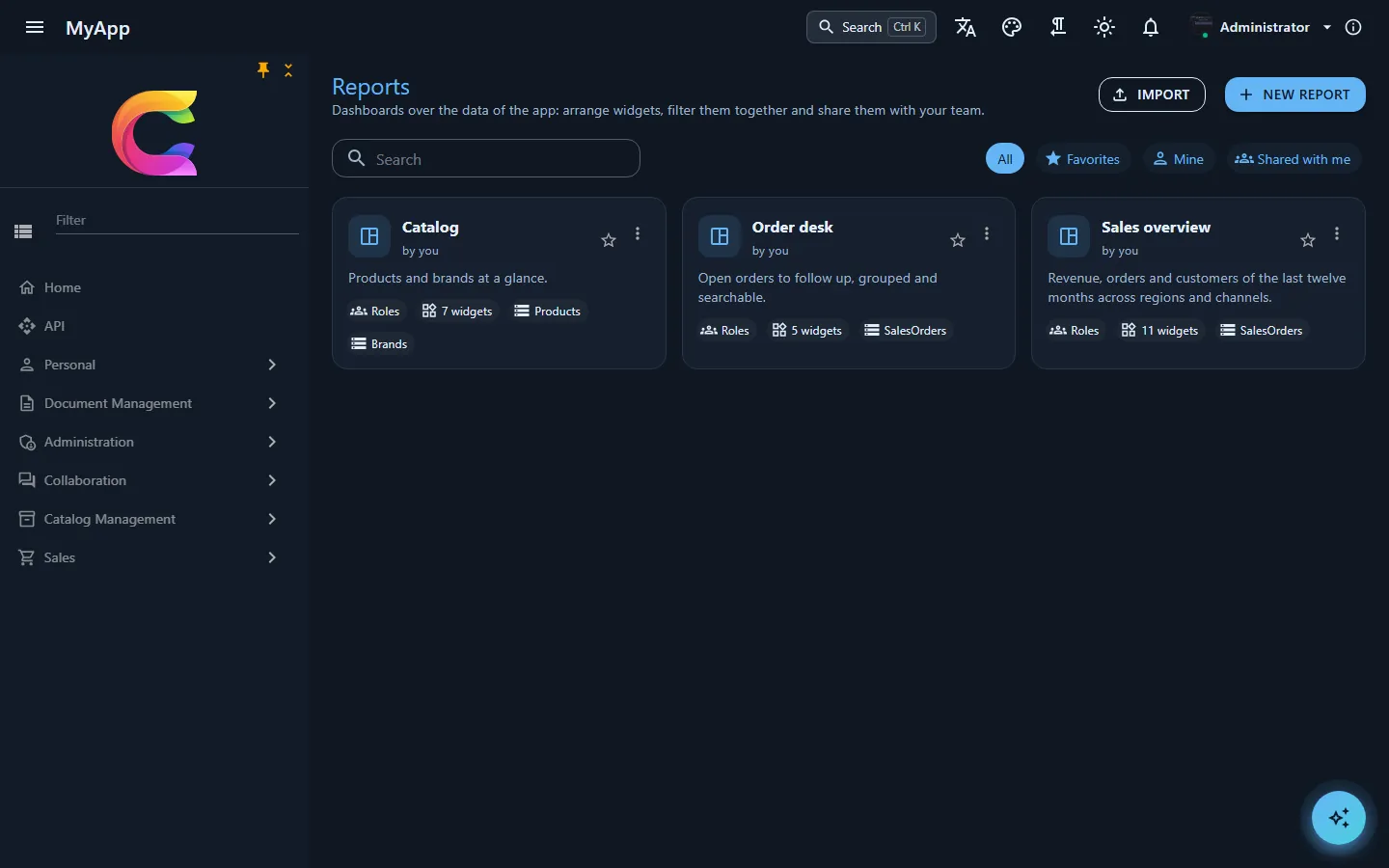 The reports list with three reports and the filters All, Favorites, Mine and Shared with me