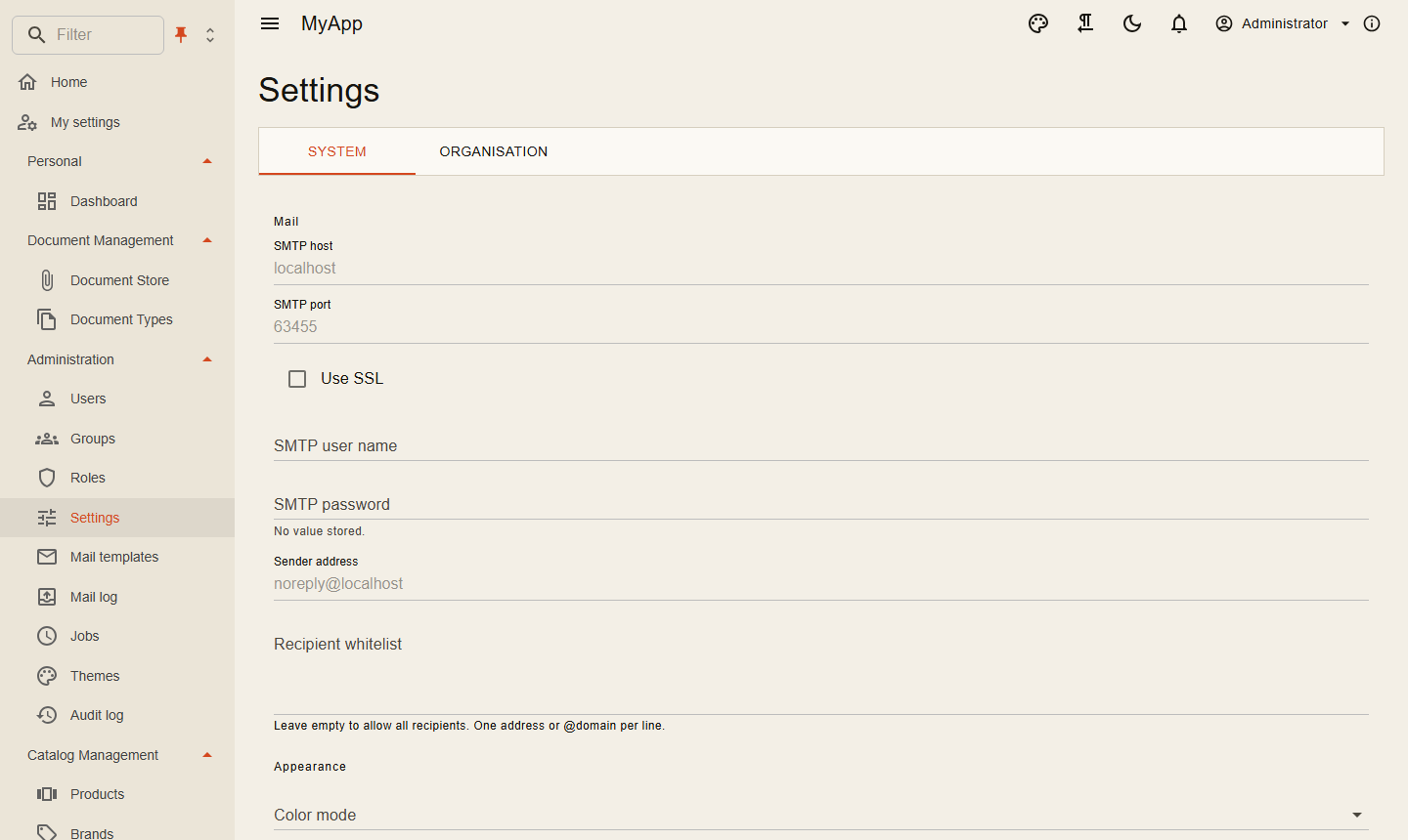 Settings page