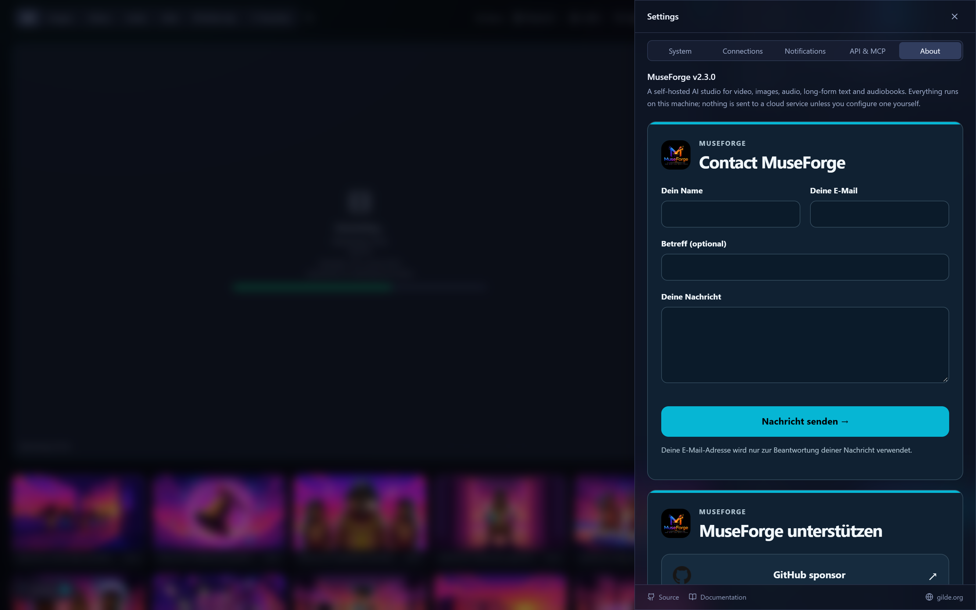Settings, About tab