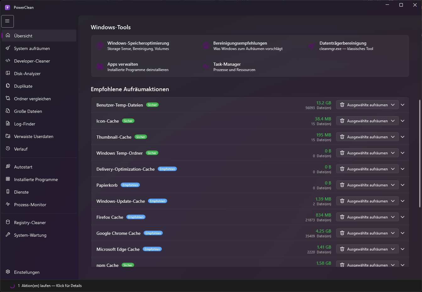 PowerClean Übersicht (Dark Mode)
