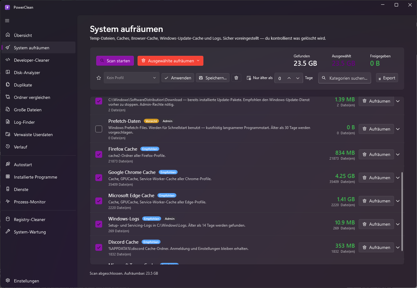 System aufräumen