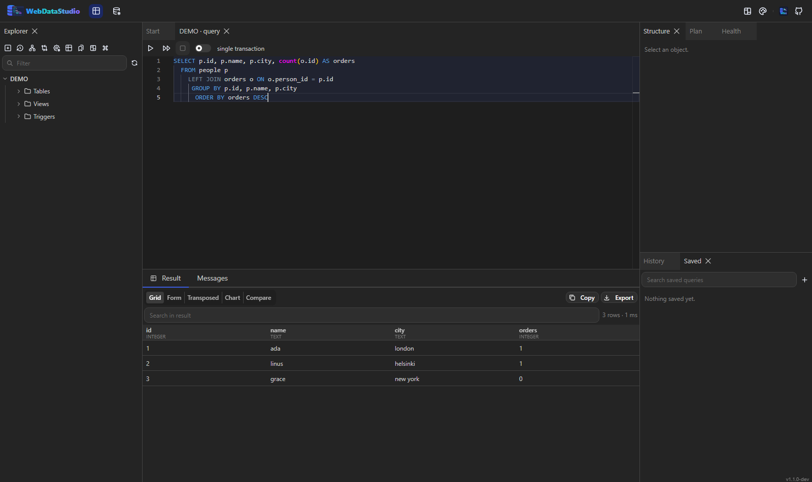Query editor and result grid