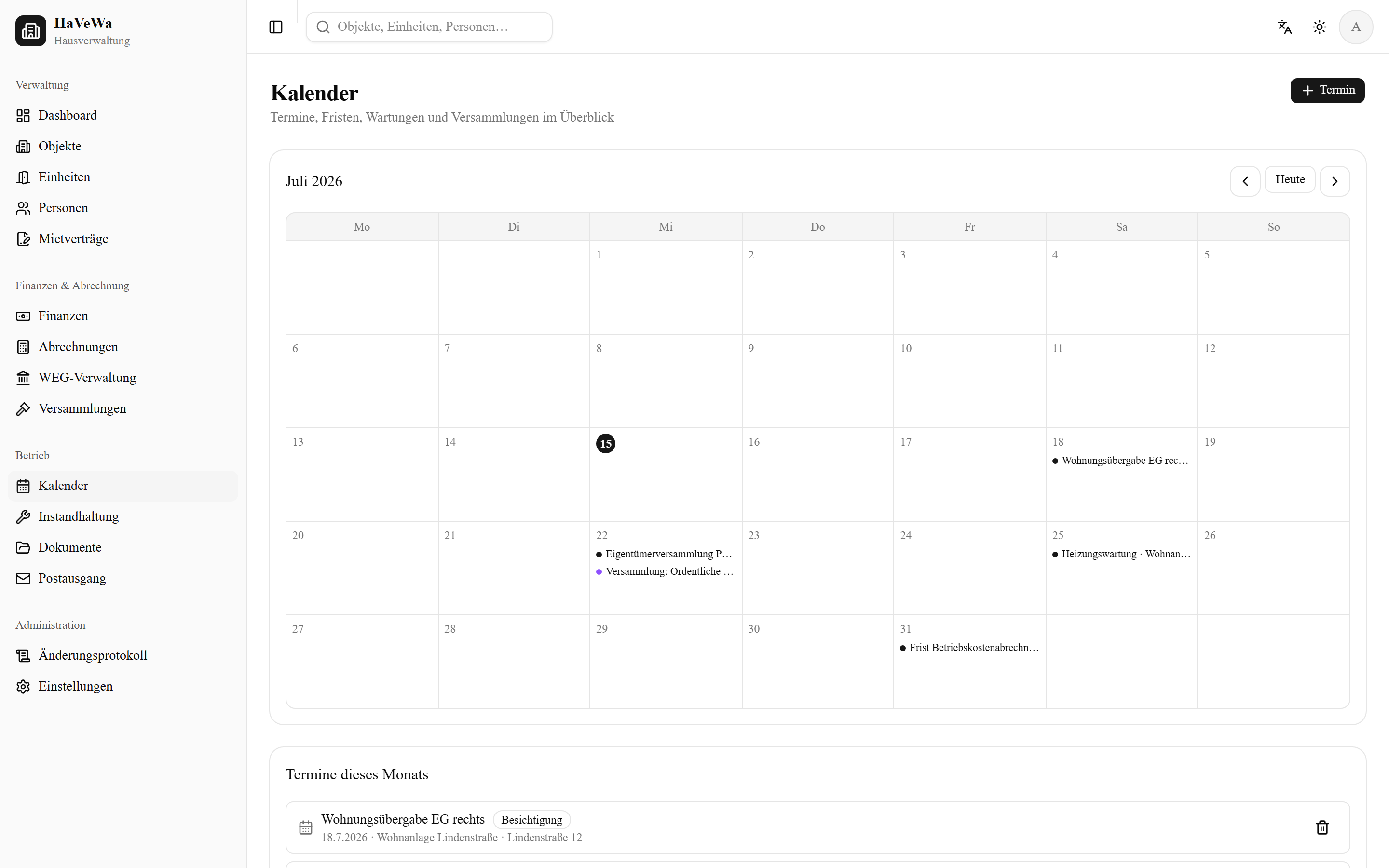 Kalender mit Monatsansicht für Termine und Fristen in HaVeWa