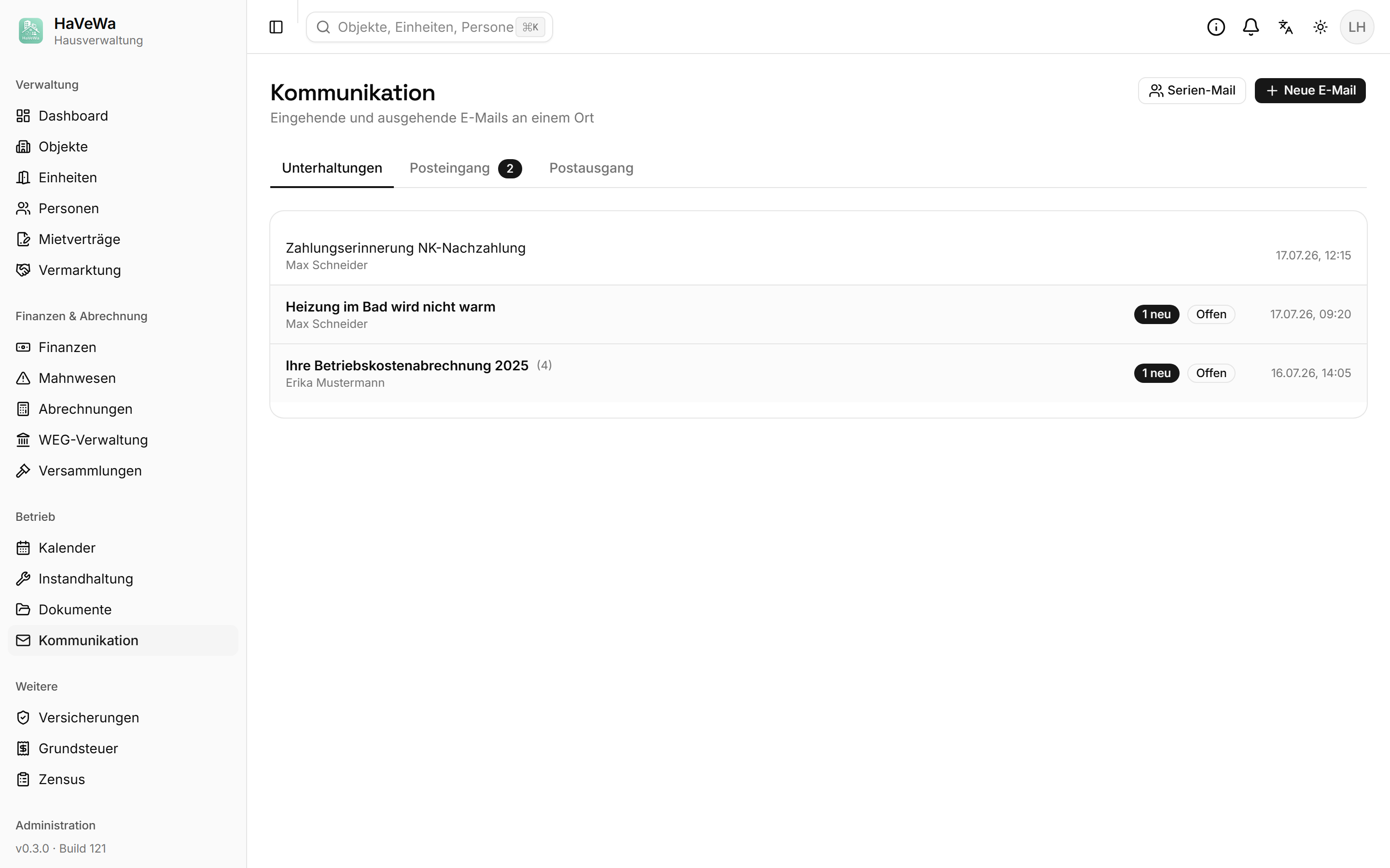 Kommunikation mit Unterhaltungen, Posteingang und Postausgang in HaVeWa