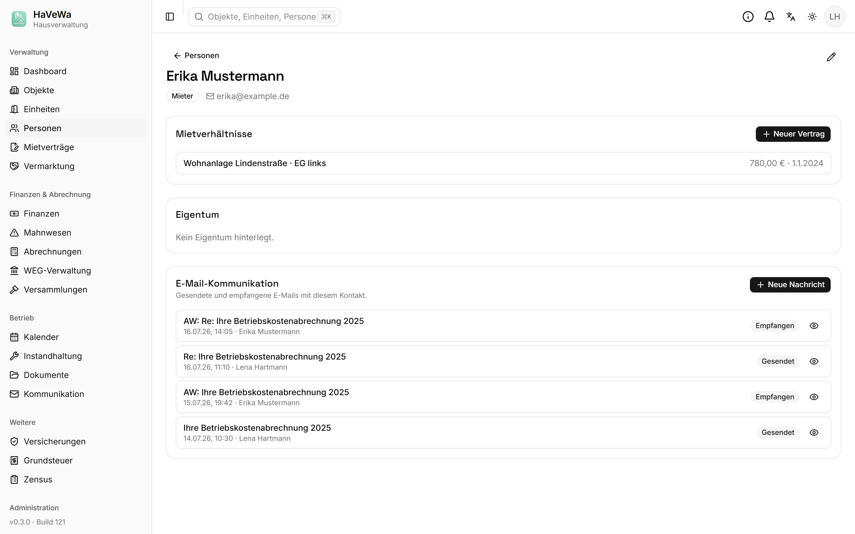 Kontaktansicht mit Mietverhältnis und vollständigem E-Mail-Verlauf