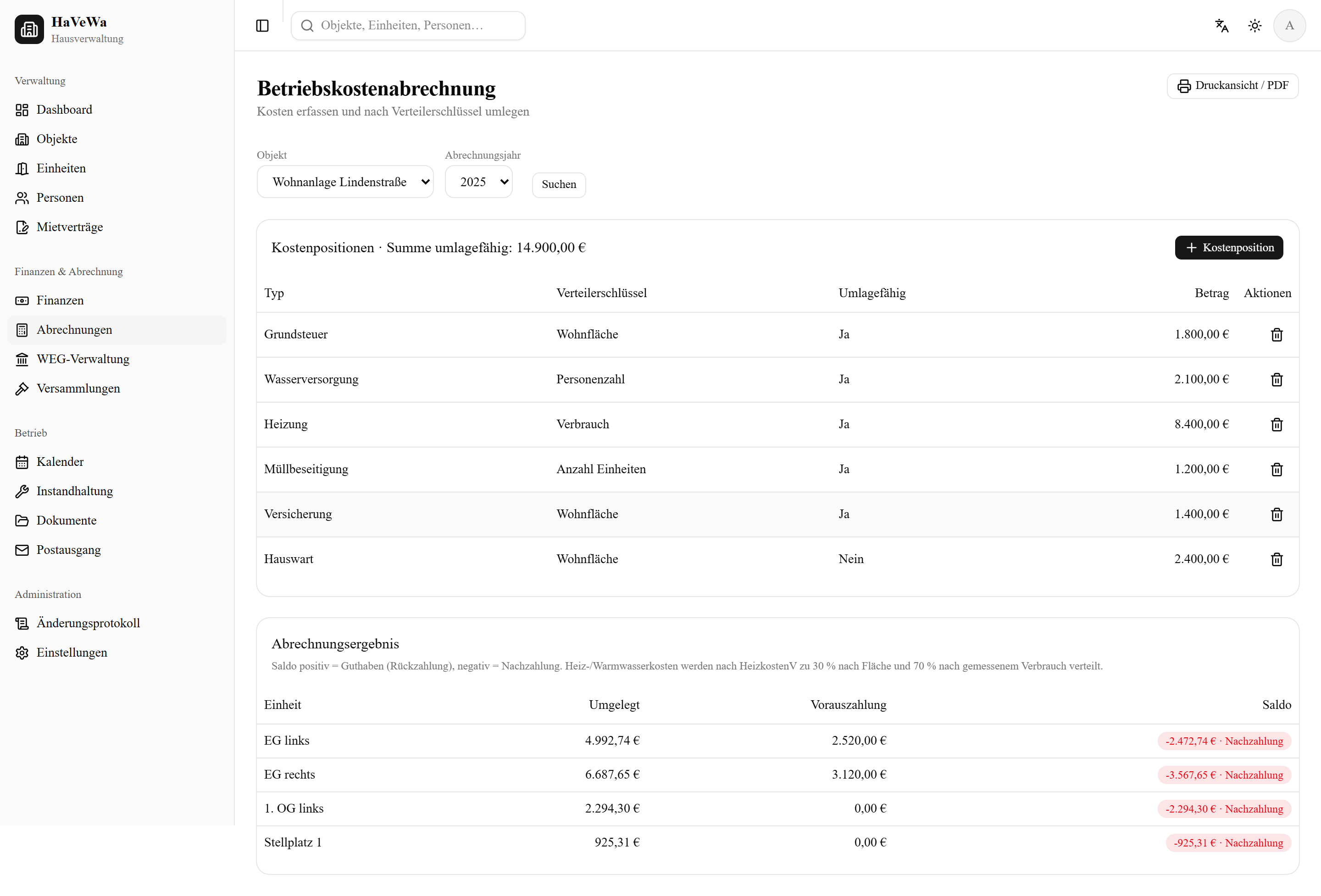 Betriebskostenabrechnung mit Verteilerschlüsseln und HeizkostenV 30/70 in HaVeWa