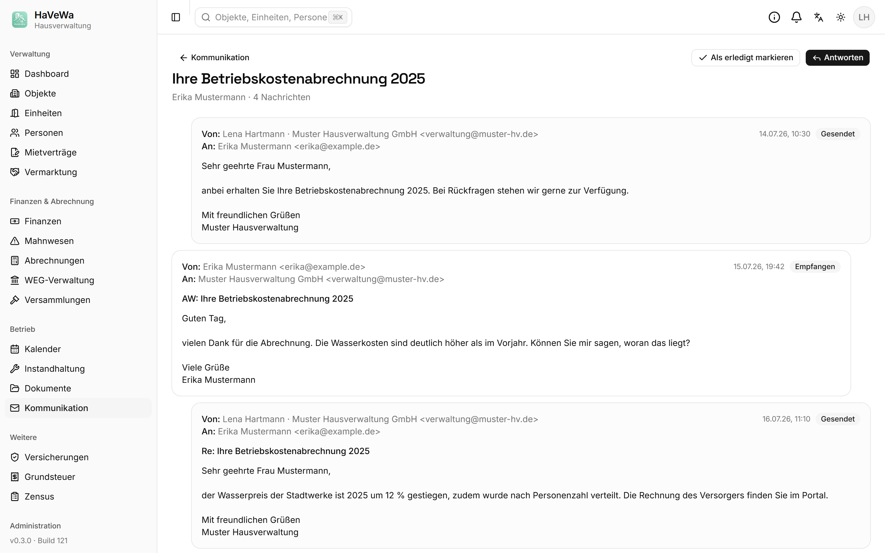Eine Unterhaltung mit Mieterin: Abrechnung, Rückfrage, Antwort und Rückmeldung chronologisch